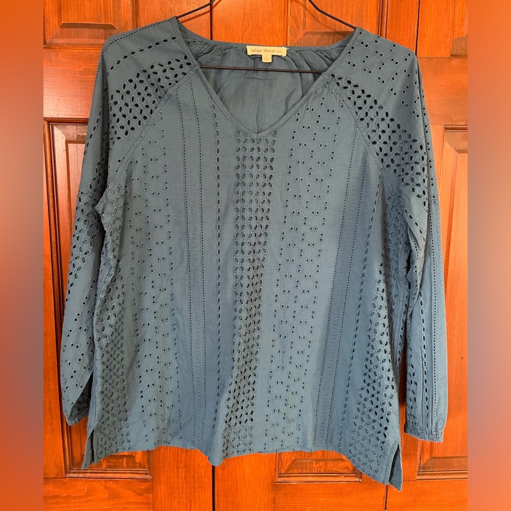 Indigo Thread Co.™ 100% Cotton Long Sleeve Embroidered Eyelet Blouse Size LG